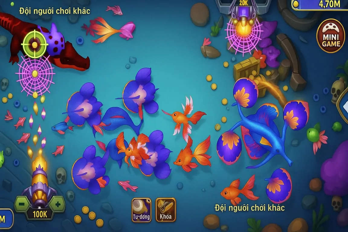 Minh họa cơ chế dopamine và FOMO trong game bắn cá, biểu tượng não và cá phát sáng thể hiện cảm xúc bị kích thích.